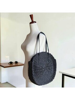 Melie Bianco Ciara Natural Straw Woven Round Circle Bag Purse Black